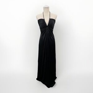 VTG Joy Stevens Dress Women S Black Halter Neck Ruched Plunging V-Neck Maxi Gown